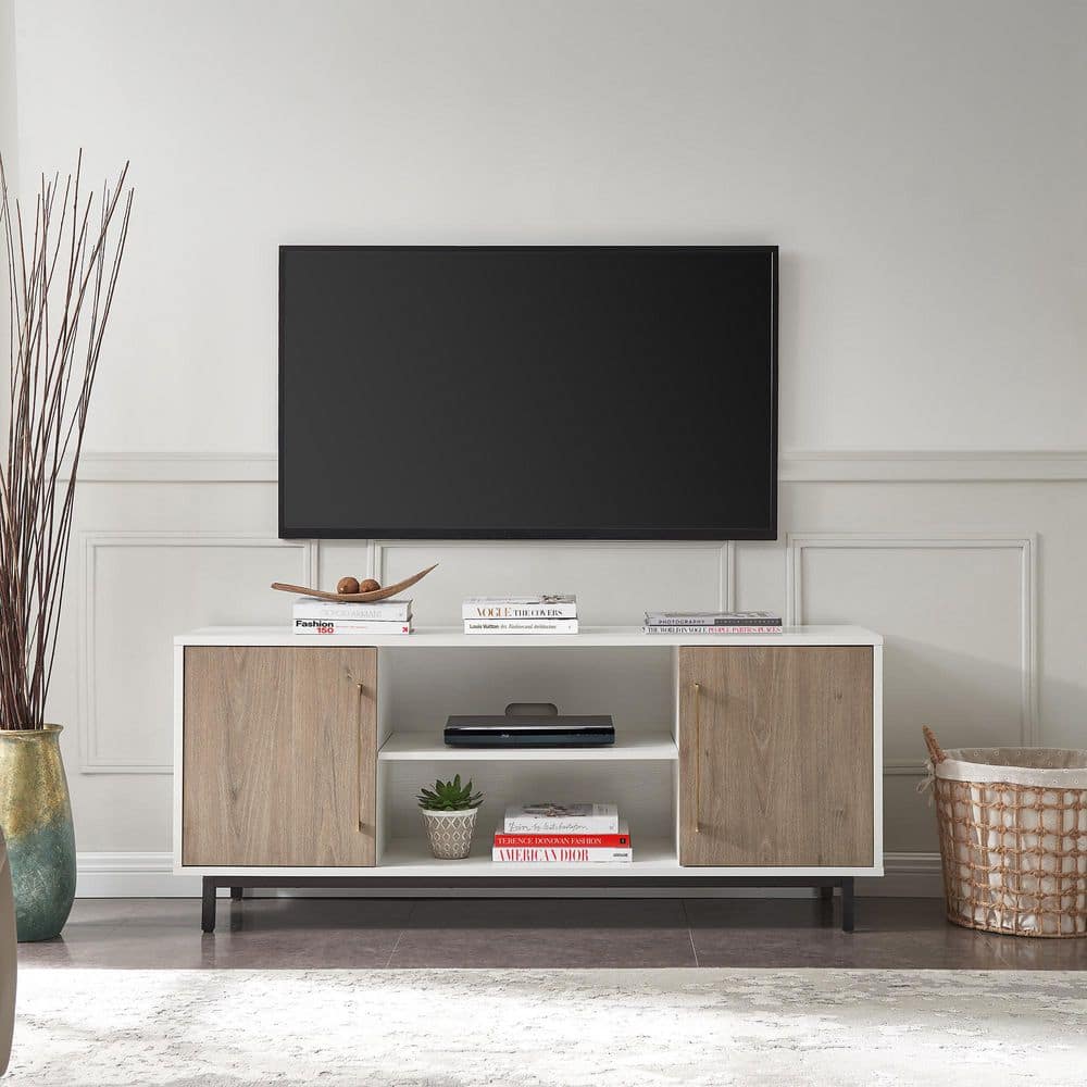 Julian Mid-Century Modern TV Stand in White & Antiqued Gray Oak with Brass Handles