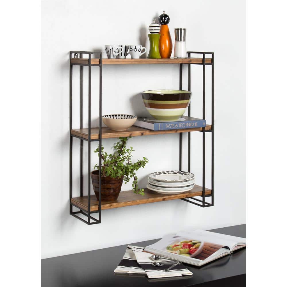 Rustic Black Metal and Wood 26''x30.5'' Floating Wall Shelf
