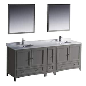 Oxford 84 in. Traditional Double Bath Vanity in Gray with Quartz Stone Vanity Top in White with White Basins and Mirrors