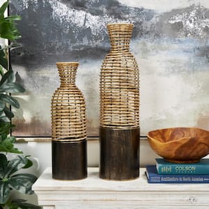 Light Brown Handmade Open Framed Plastic Rattan Decorative Vase with Bronze Metal Bases (Set of 2)