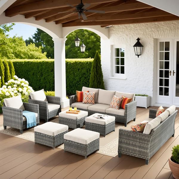 OVIOS New Vultros Gray 8-Piece Wicker Outdoor Patio Conversation Seating Set with Beige Cushions