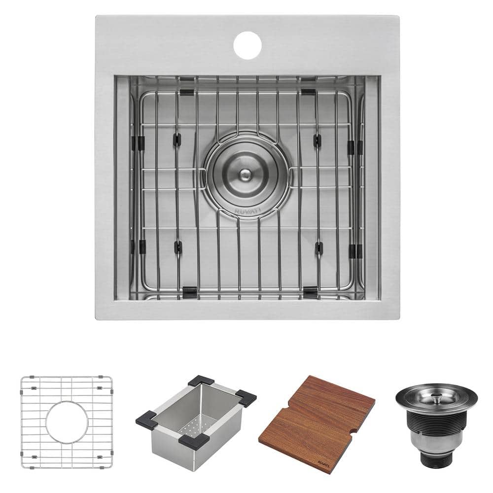 Ruvati 15'' Stainless Steel Workstation Sink with Sapele Wood Cutting Board