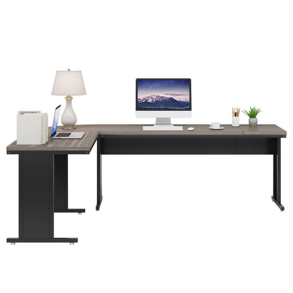 Capen 83 in. L-Shaped Grey Wood Computer Desk Reversible Executive Office Desk Corner Computer Table for Home Office