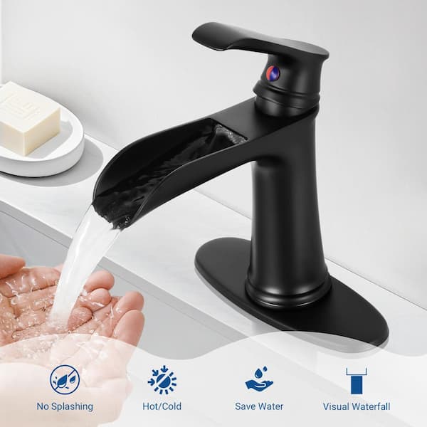 Single Handle Single Hole Waterfall Bathroom Faucet with Deckplate pop drain Included in Matte Black (2-pack)