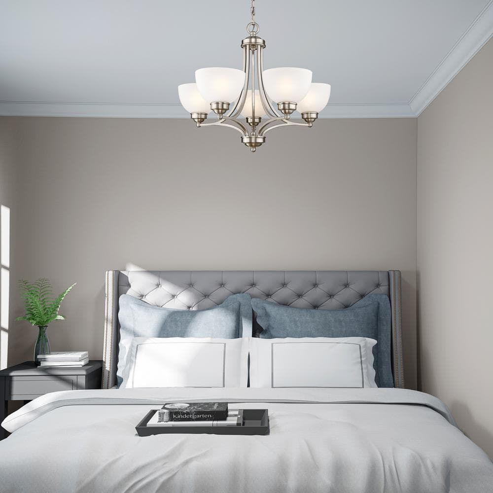25" Brushed Nickel and Satin Glass 5-Light Chandelier