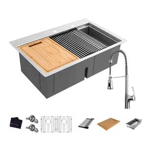 Zero Radius Drop-in 18G Stainless Steel 33 in. 2-Hole 50/50 Double Bowl Workstation Kitchen Sink with Spring Neck Faucet