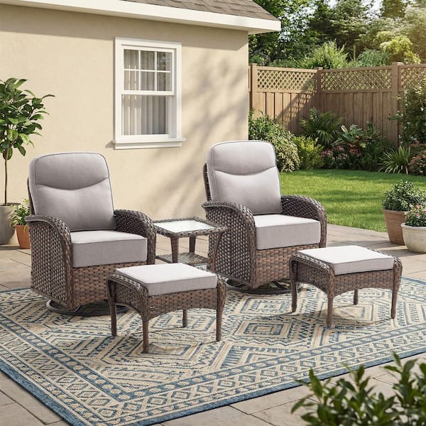 Rivieral 5-Piece Brown Wicker Swivel Glider Outdoor Rocking Chair with Ottomans, Side Table and 6 Inch Beige Cushions