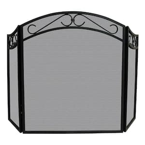 Arch Top Black Wrought Iron 3-Panel Fireplace Screen with Decorative Scrolls and Heavy Guage Mesh