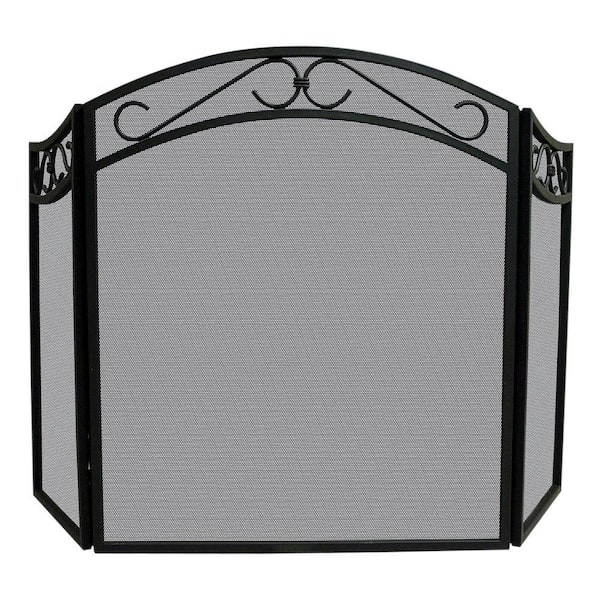 UniFlame Arch Top Black Wrought Iron 3-Panel Fireplace Screen with Decorative Scrolls and Heavy Guage Mesh