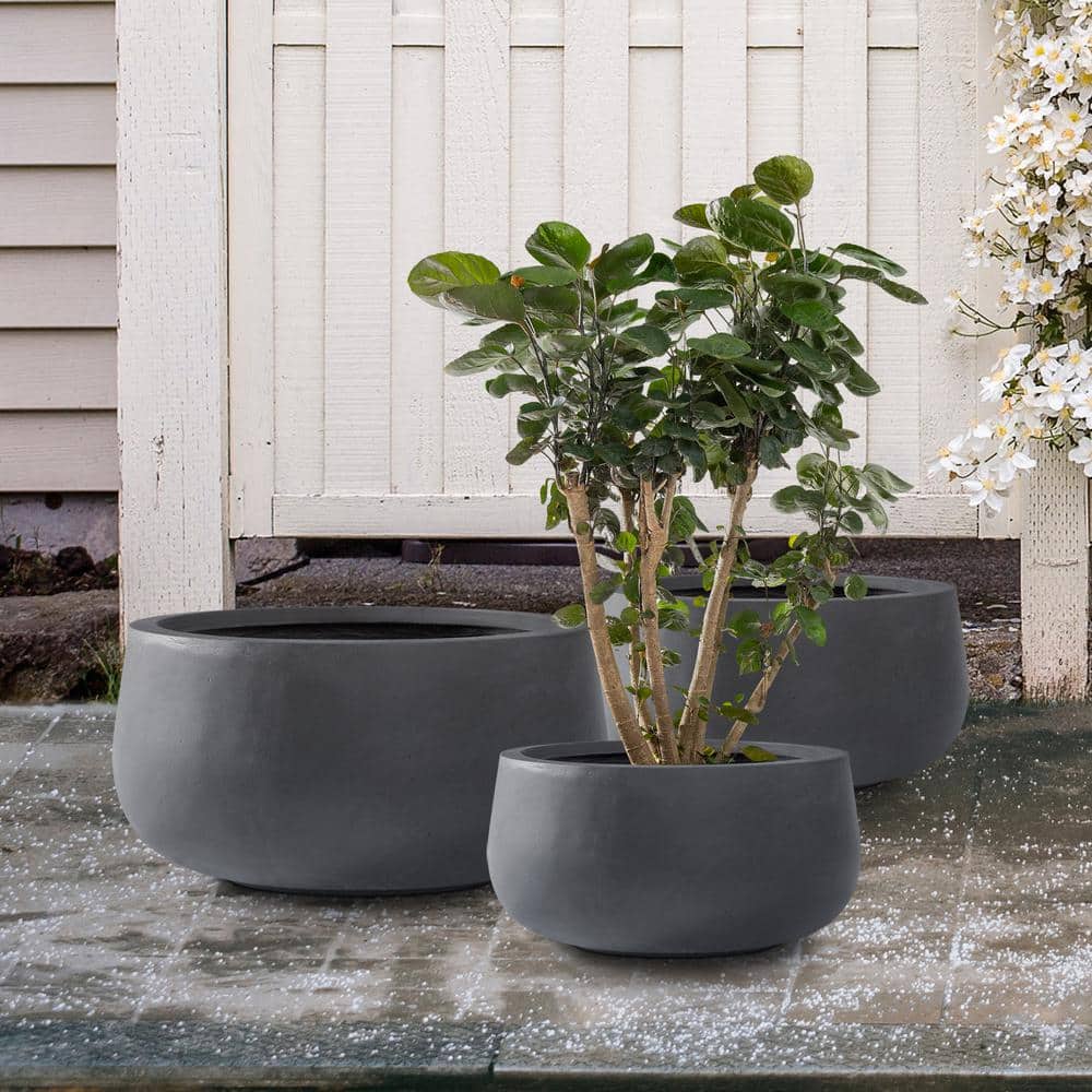 Charcoal Round Concrete Planters Set of 3 with Drainage Holes