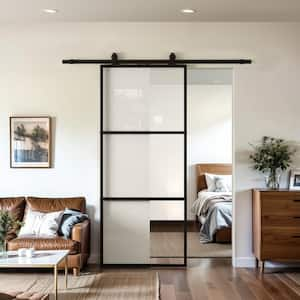 30 in. W. x 84 in. Full-lite Tempered Clear Glass Black Metal Frame Interior Sliding Barn Door with Hardware kit