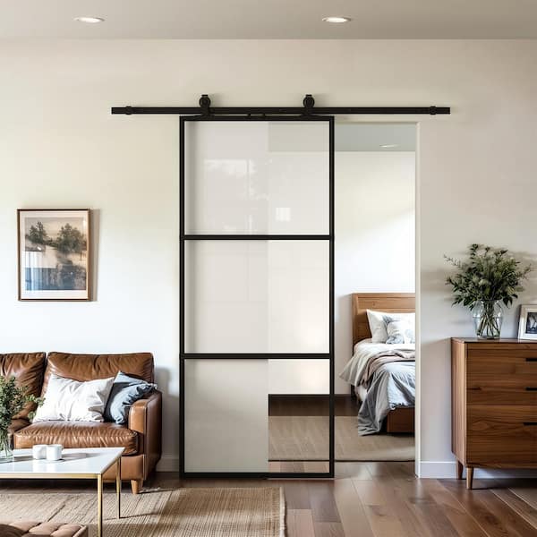 36 in. W. x 84 in. Full-lite Tempered Clear Glass Black Metal Frame Interior Sliding Barn Door with Hardware kit
