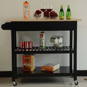 Black Wood 40 in. Mobile Kitchen Island with 2-Lockable Wheels, Rubber Wood Top, Simple Design