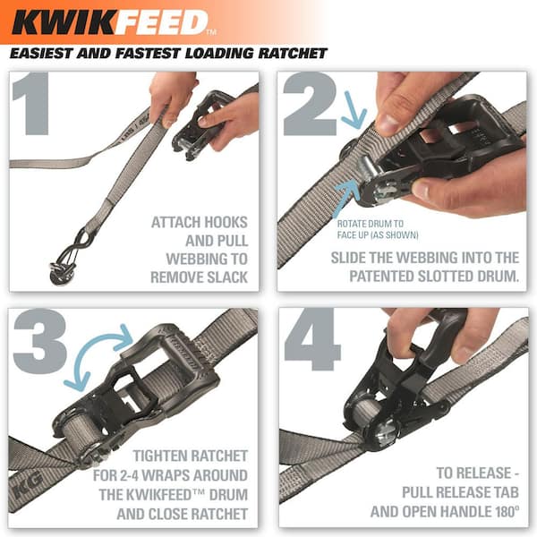 KwikFeed Ratchet Tie Down Strap 16ft. x 1.25in. 1,000lbs. with Safety Clip (2-Pack)