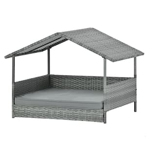 Gray Wicker Outdoor Dog Bed, Pet Bed Day Bed with Gray Cushions and Canopy