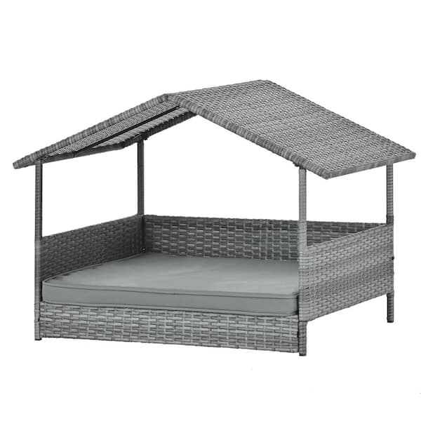 Sudzendf Gray Wicker Outdoor Dog Bed, Pet Bed Day Bed with Gray Cushions and Canopy