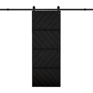 30 in. x 84 in. Paneled 4-Segments Wave Design Black MDF Sliding Barn Door Slab with Installation Hardware Kit