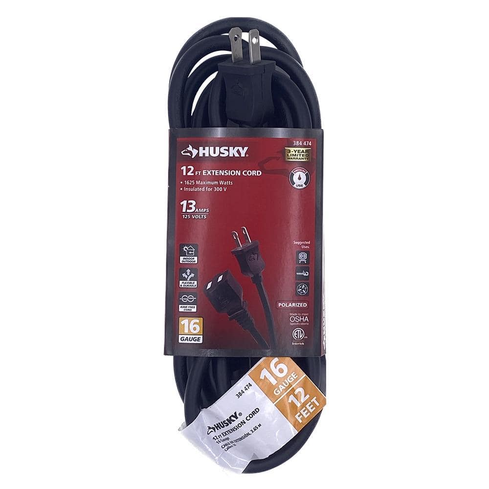 Husky 12 ft. 16/2 Medium Duty Indoor/Outdoor Extension Cord, Black