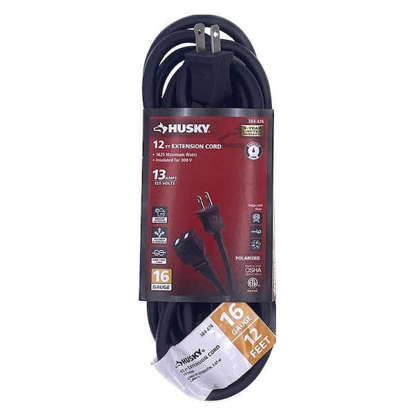 Husky 12 ft. 16/2 Medium Duty Indoor/Outdoor Extension Cord, Black