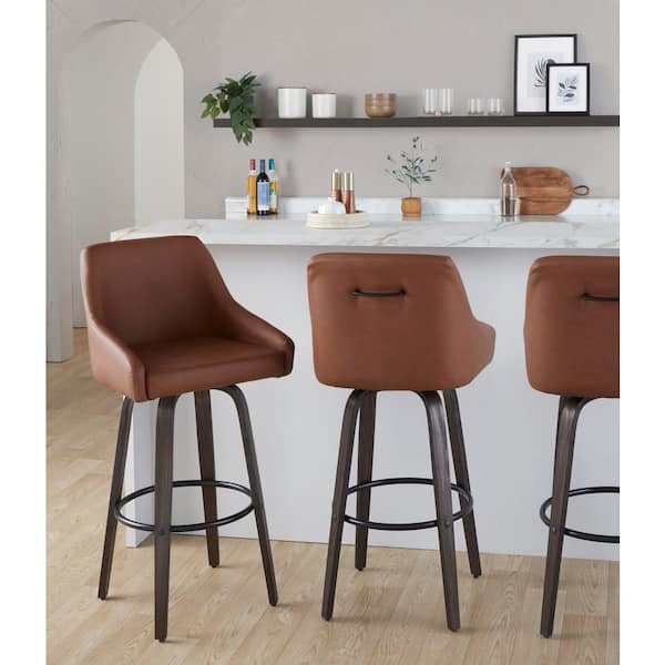 Hannah 30 in. Walnut Glazed Wood and Camel Faux Leather with Round Black Metal Fixed-Height Barstool (Set of 2)