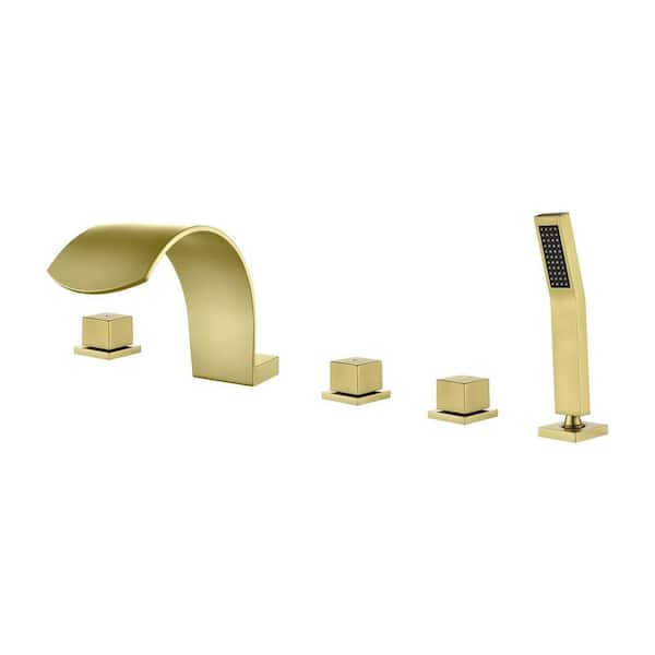 Single-Handle Tub Deck Mount Roman Tub Faucet with Hand Shower and Water Suply Hose in Brushed Gold