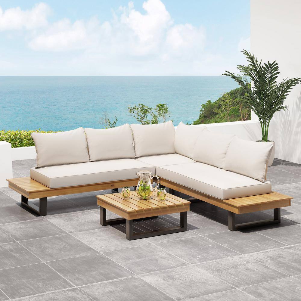 Teak Brown Four-Seater Sectional with Beige Cushions and Coffee Table