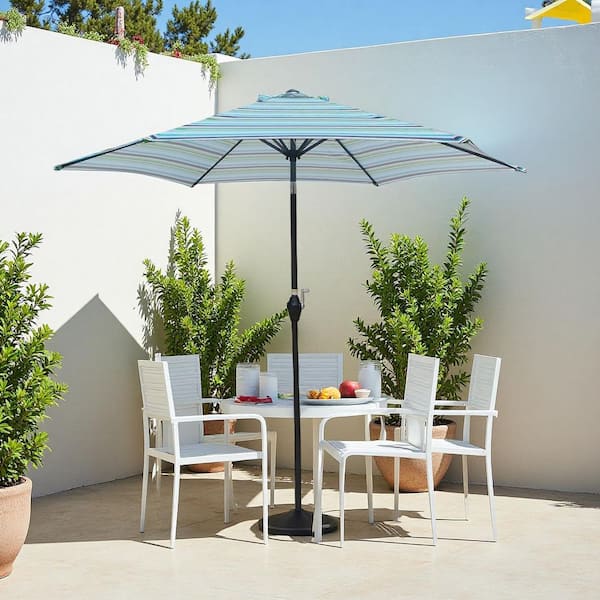 9 ft. Patio Market Umbrella Outdoor Waterproof Umbrella with Crank and Push Button Tilt in Green and Blue Striped