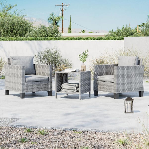 3-Piece Gray Wicker Patio Bistro Set Outdoor Single Sofa Set with Side Table for Outdoor Lawn, Linen Grey Cushions
