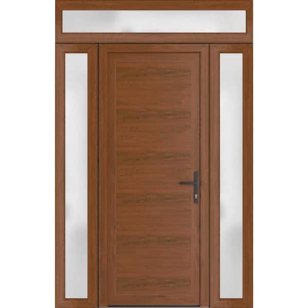 VDOMDOORS 64 in. x 94 in. Left-hand/Inswing Frosted Glass Walnut Steel Prehung Front Door with Hardware