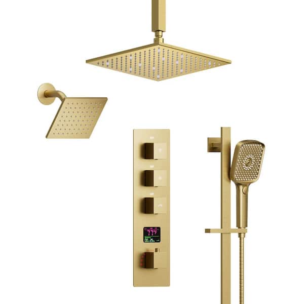 LED 4-Handle Rain 2-Spray Square 12 in. Dual Shower Head Ceiling Mount Fixed Handheld Showerhead in Brush Gold 2. 5GPM