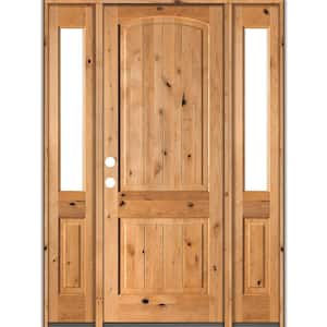 60 in. x 96 in. Rustic Knotty Alder Arch clear stain Wood w.V-Groove Right Hand Single Prehung Front Door/Half Sidelites