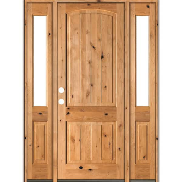 Krosswood Doors 70 in. x 96 in. Rustic Knotty Alder Arch clear stain Wood w.V-Groove Right Hand Single Prehung Front Door/Half Sidelites