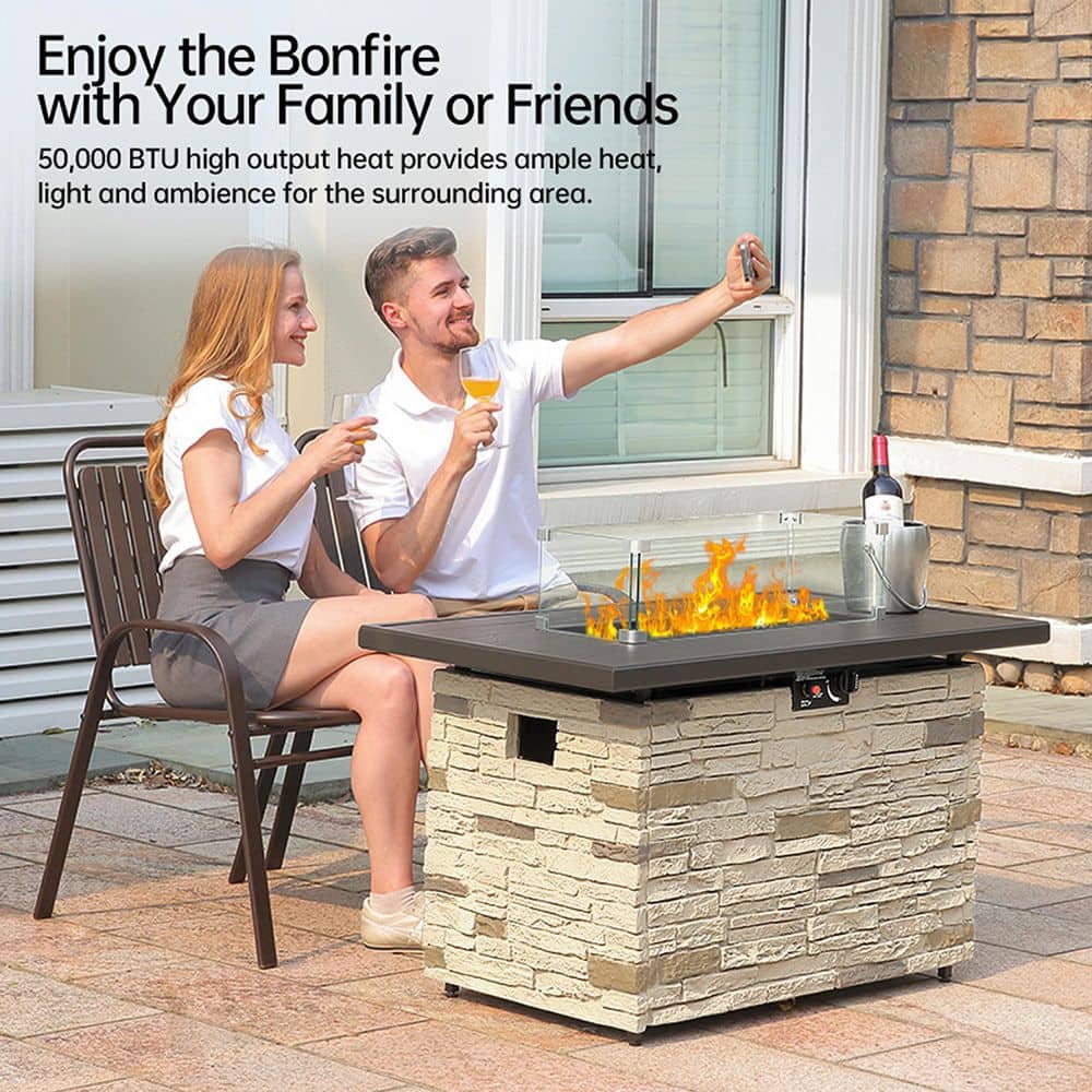43" Buff Faux Stone Gas Fire Pit Table with Glass Wind Guard