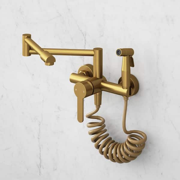 Wall Mount Folding Kitchen Faucet with Spray Gun, Dual Function Pot Filler Tap, 3.1 GPM Water Flow in Brushed Gold