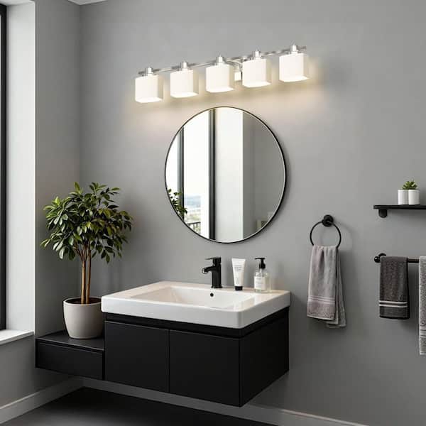 40 in. 5-Light Brushed Nickel Vanity Light with White Glass Shades, Bright Bathroom Lighting Fixture for Over Mirror