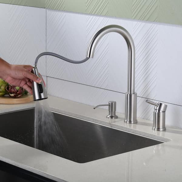 Separate Single Handle 15 in. H Pull Down Sprayer Kitchen Faucet with 360° Spout Swivel in Brushed Nickel