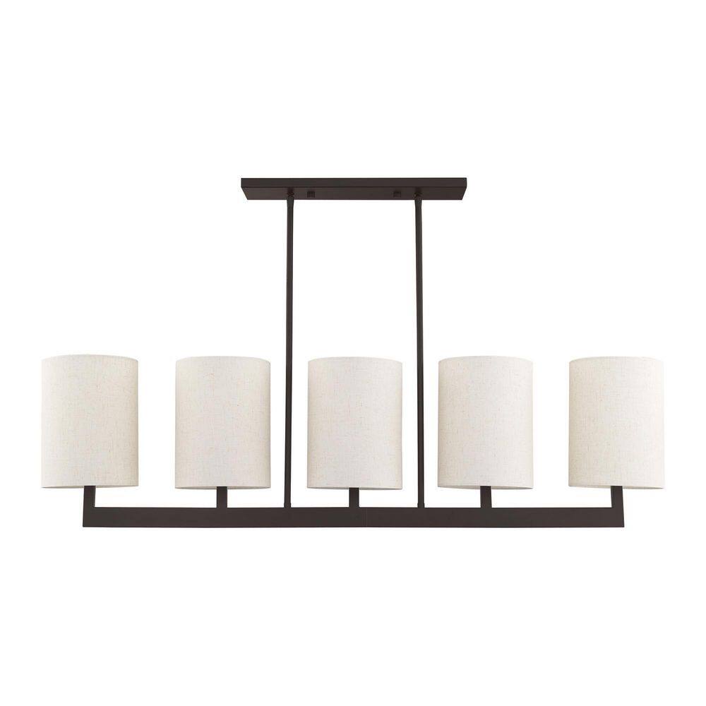 Elegant Bronze Drum 5-Light Linear Chandelier with Oatmeal Shade