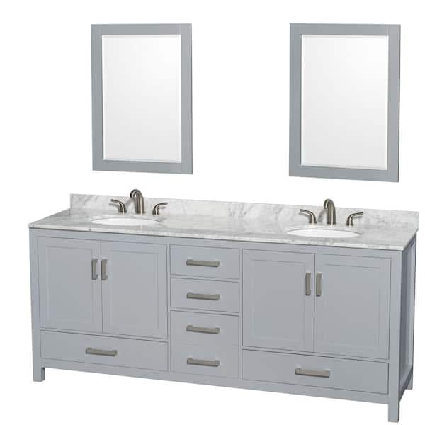 Wyndham Collection Sheffield 80 in. W x 22 in. D x 35 in. H Double Bath Vanity in Gray with White Carrara Marble Top and 24" Mirrors
