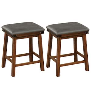 24 in. Brown Backless Wood Bar Stool Counter Stool with Faux Leather Seat (Set of 2)