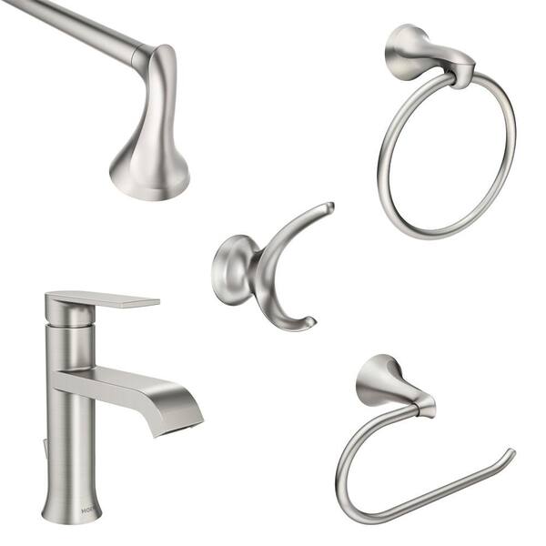 MOEN Genta Single-Handle Single Hole Bath Faucet with 4-Piece Hardware Set and 24 in. Towel Bar in Spot Resist Brushed Nickel