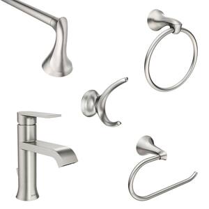 Genta Single-Handle Single Hole Bath Faucet with 4-Piece Hardware Set and 24 in. Towel Bar in Spot Resist Brushed Nickel