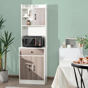 69 1/4 in. H White Kitchen Pantry Dining Hutch Storage Cabinet with Microwave Stand and Adjustable Open Shelves