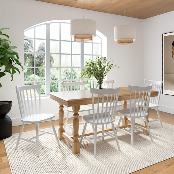 Bush Furniture Sterling Squire Trestle Dining Table with 6 High Back Spindle Dining Chairs in Natural Honey Brown/White Paint