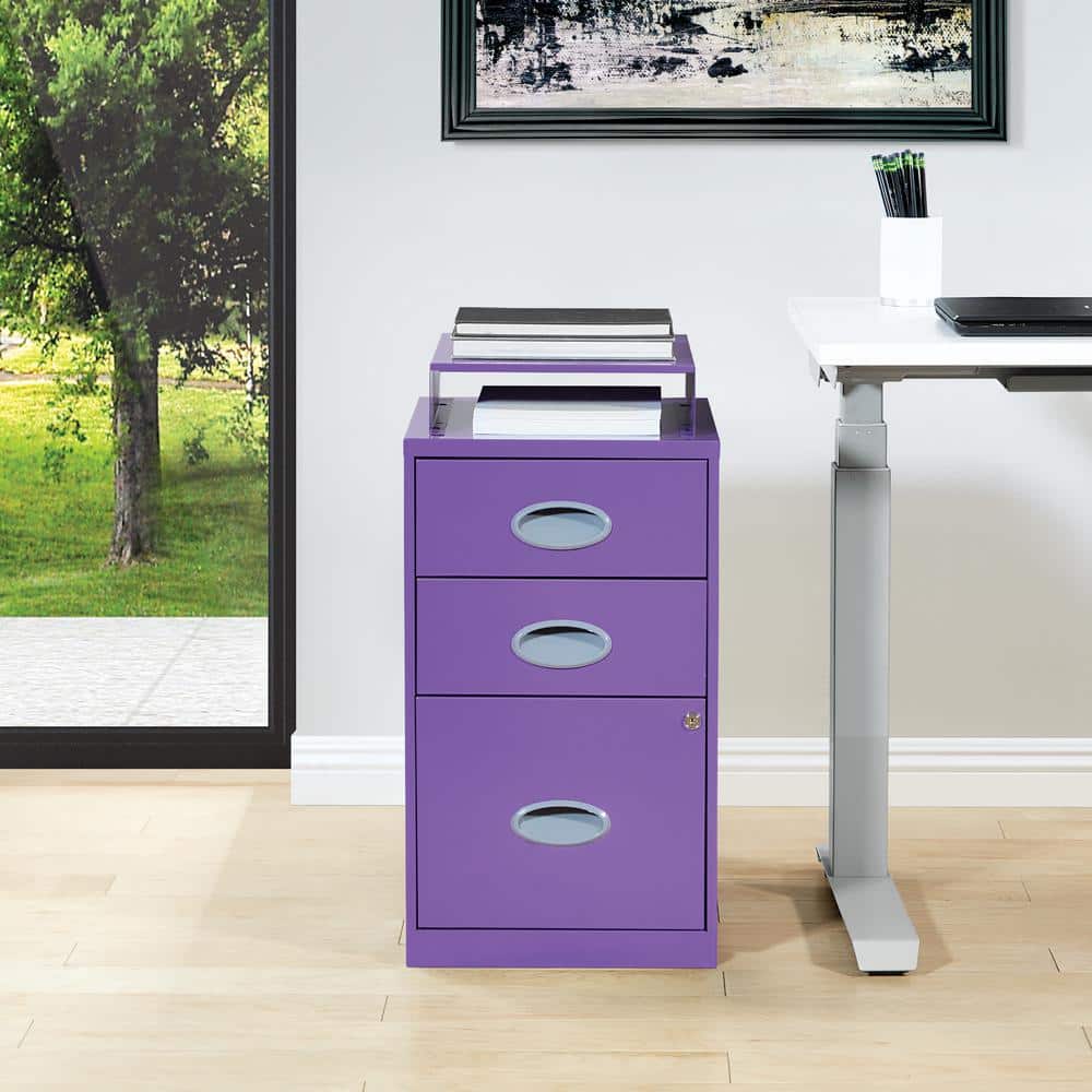 Purple 3-Drawer Lockable Metal File Cabinet with Top Shelf