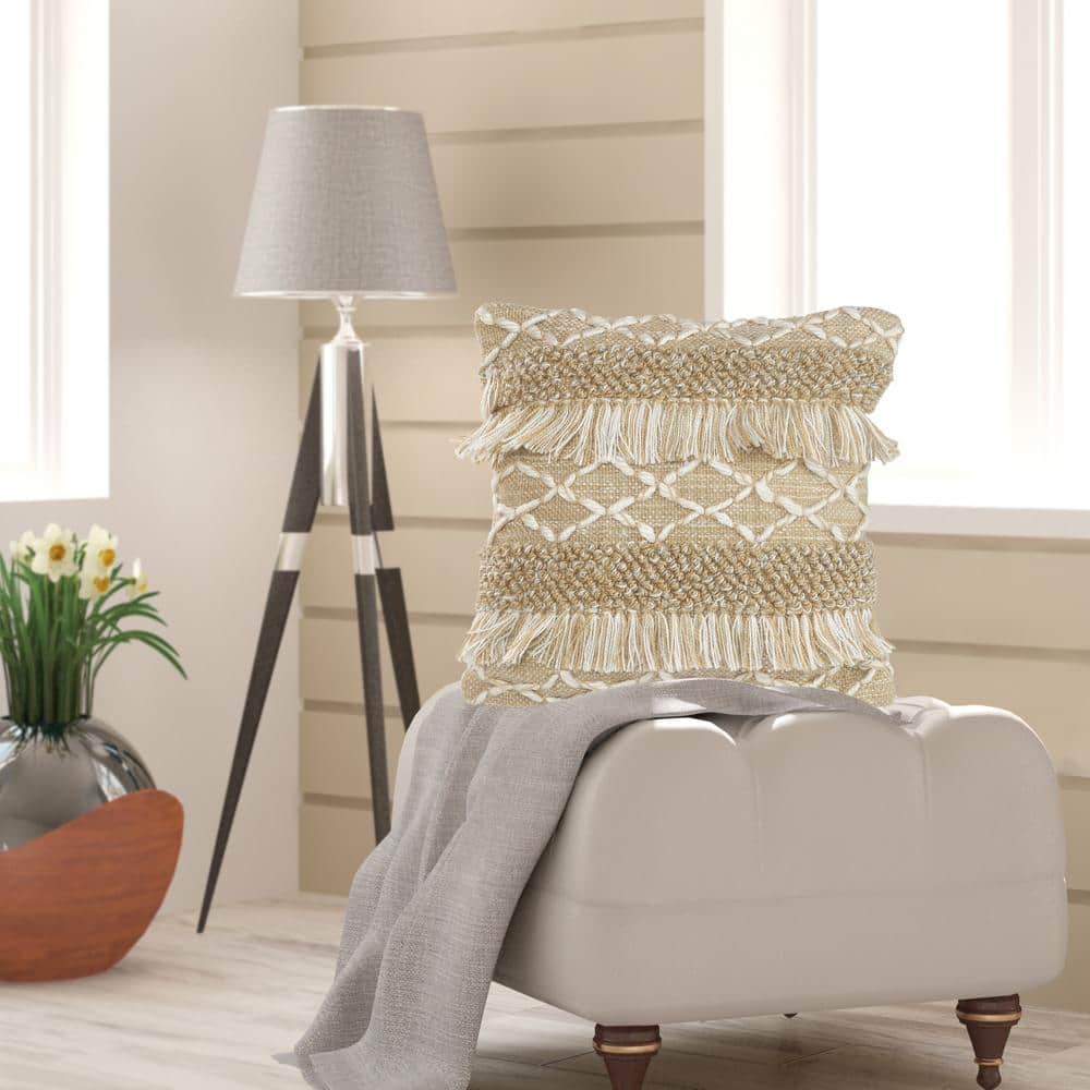 Tan and Beige Geometric Fringe Throw Pillow Set