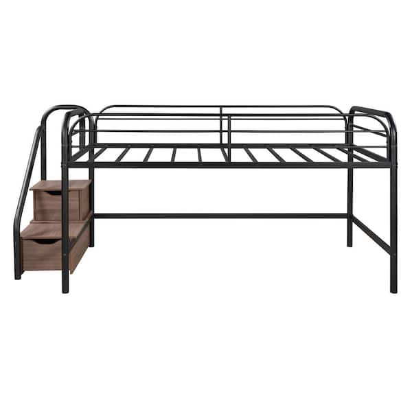 Qualfurn Brown Twin Size Metal Low Loft, Catalina Junior Twin Loft Bed With Storage