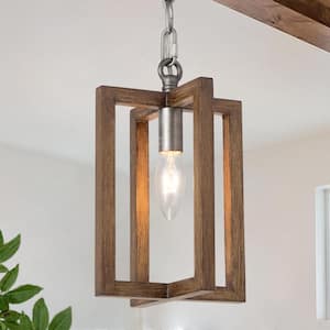 Modern Farmhouse 1-Light Brushed Silver Island Pendant with Brown Faux Wood Metal Cage Hanging Lantern for Foyer Hallway