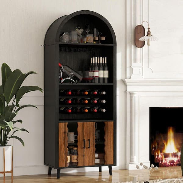 25.59 in W x 16.1 in D x 71 in H Farmhouse Arched Bar Cabinet in Black, Arched Display Cabinet w/ Wine Glass Holder
