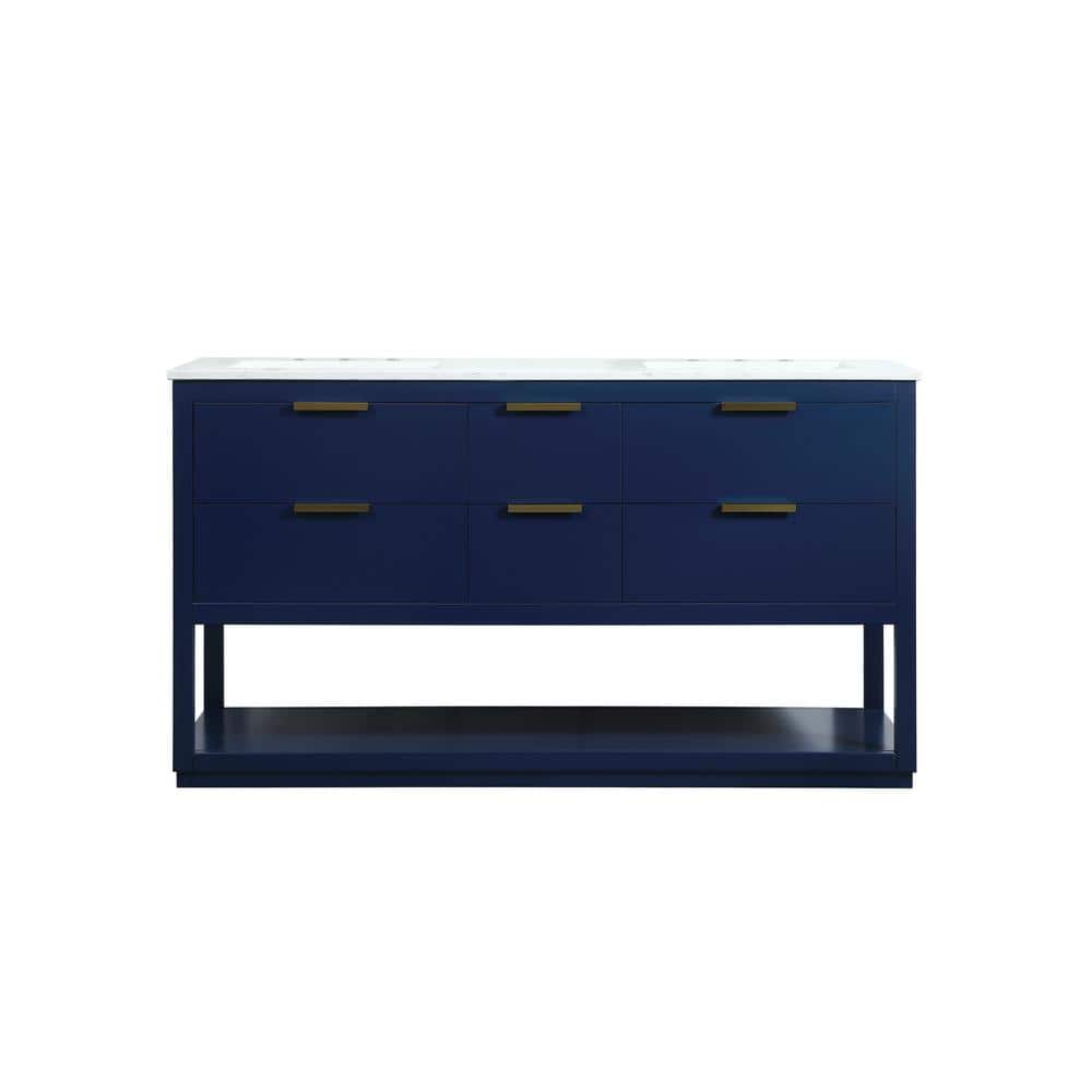 Timeless Home 60 in. W Double Bath Vanity in Blue with Engineered Stone Van