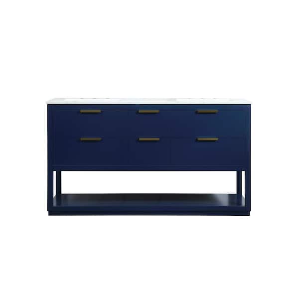 Unbranded Timeless Home 60 in. W Double Bath Vanity in Blue with Engineered Stone Vanity Top in Calacatta with White Basin